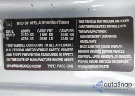 2019 Buick Cascada Premium from USA, damaged, VIN W04WH3N5XKG370238